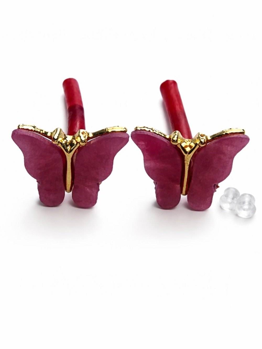 Dark Pink Butterfly Stud Earrings - Gold Trim